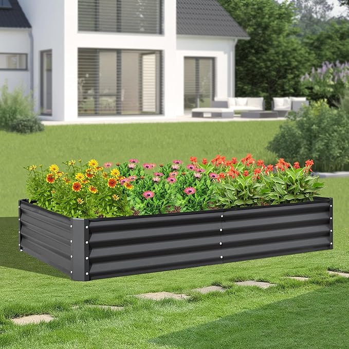 Domi Galvanized Raised Garden Bed, 8x4x1Ft Thickening Metal Planter Box for Vegetables Bottomless for Backyard Outdoor, 1" Deep w/ 228 Gallon Capacity - Dark Gray-PawvioPets