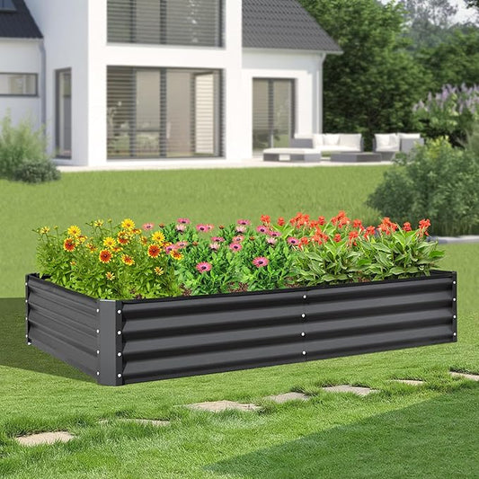 Domi Galvanized Raised Garden Bed, 8x4x1Ft Thickening Metal Planter Box for Vegetables Bottomless for Backyard Outdoor, 1" Deep w/ 228 Gallon Capacity - Dark Gray-PawvioPets