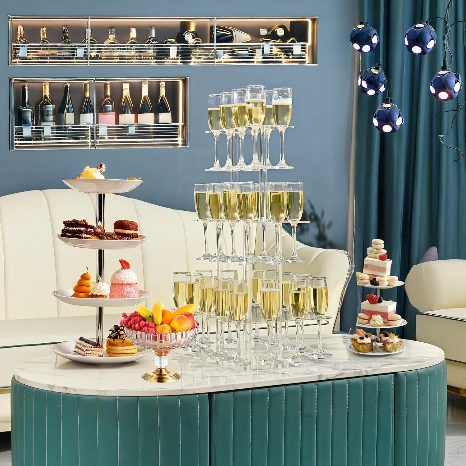 Champagne Tower, Rectangle Acrylic Champagne Display Rack Stand with 32 Slots, 3 Tier Floating Sight Champagne Flute Holder for Party, Wedding, School, Celebration, 17.3x11.8x25.5inch, 2 Pcs