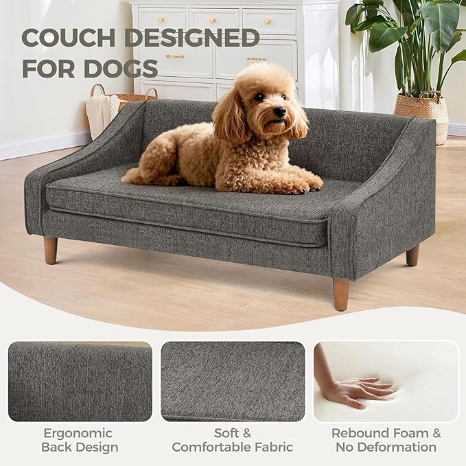 Dog Sofa Couch for Medium to Large Dogs, Durable Pet Sofa with Washable Fabric, Elevated Mini Dog Bed with Wooden Legs for Medium and Large Dogs, Dark Grey-PawvioPets