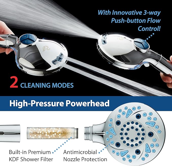 AquaCare High Pressure 10 Spray Mode Filtered Showerhead - Handheld Shower Head Filters Chlorine to Heal Dry Skin, Revive Hair - Dual Power Wash Cleans Tub, Tile, Pets - Hard Water Softener, Chrome-PawvioPets