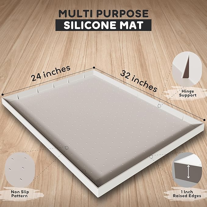 32x24x1” XL Dog Food Mat - All Purpose Under Sink Liner, Washer and Dryer Covers for The Top, Silicone Griddle Mat for Blackstone - Raised Edges Dog Mat for Food and Water Prevent Spill, Waterproof-PawvioPets