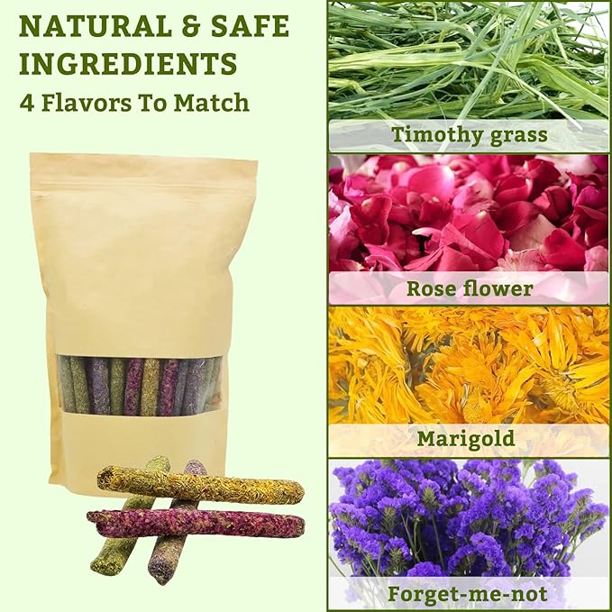 Fhiny 68 PCS Rabbit Chew Sticks, Natural Petals Timothy Hay Sticks Guinea Pig Chewing Toys for Teeth Small Animals Molar Snacks for Bunny Guinea Pig Chinchilla Hamster-PawvioPets