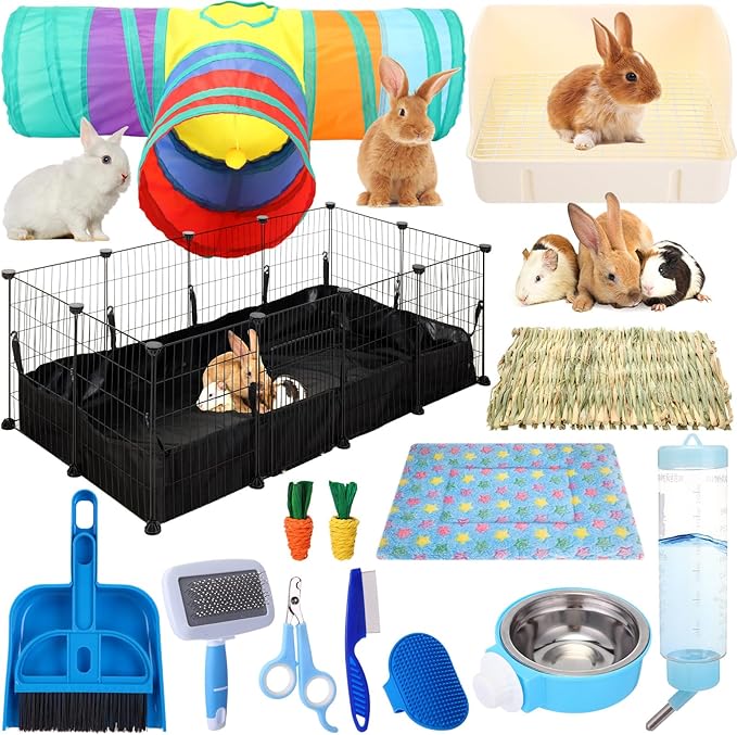 104 Pcs Rabbit Starter Kit Litter Box Bunny Tunnel Pet Playpen with Waterproof Mat Water Bottle Animal Grooming Kit Bowl Blankets with Cleaning Set for Guinea Pig Rabbit Accessories-PawvioPets