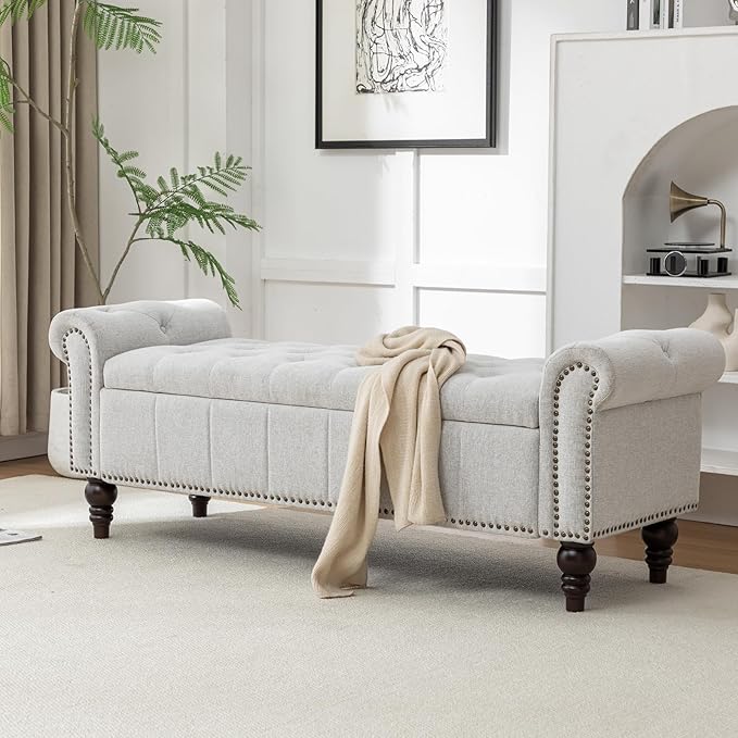 58’’ Storage Bench for Bedroom, Upholstered Button-Tufted Ottoman with Solid Wood Legs, Queen Size End of Bed Shoe Cabinet, Window Seat Foot Rest Stool for Entryway, Living Room (Silver)-PawvioPets