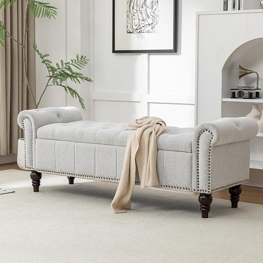 58’’ Storage Bench for Bedroom, Upholstered Button-Tufted Ottoman with Solid Wood Legs, Queen Size End of Bed Shoe Cabinet, Window Seat Foot Rest Stool for Entryway, Living Room (Silver)-PawvioPets