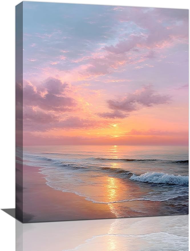 Beach Sunset Wall Art Ocean Coastal Scenery Wall Decor Seascape Picture Canvas Landscape Painting Print Framed Artwork Decorations for Living Room Office Bedroom Kitchen 12"x16"-PawvioPets