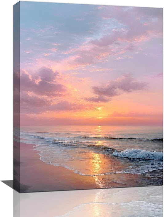 Beach Sunset Wall Art Ocean Coastal Scenery Wall Decor Seascape Picture Canvas Landscape Painting Print Framed Artwork Decorations for Living Room Office Bedroom Kitchen 12"x16"-PawvioPets