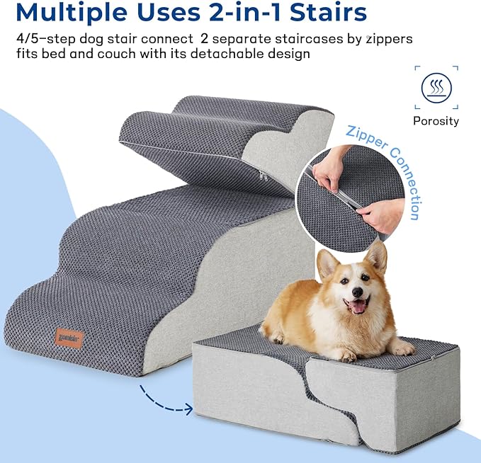 Dog Stairs for High Beds 22.8" H - Pet Stairs Ramp for Couch, 35D Foam Dog Steps for Small to Large Dogs with Non-Slip Bottom Grey, 5 Steps-PawvioPets