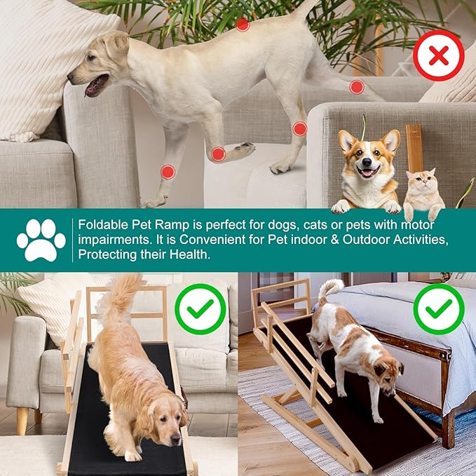 Dog Ramp for Bed, Adjustable Pet Ramps for Dog to Get on Bed, Non-Slip Rubber Surface - Folding Wooden Dog Ramp for Small/Large/Old Dogs, Adjustable up to 31 inch High Beds, Safety Railings-PawvioPets