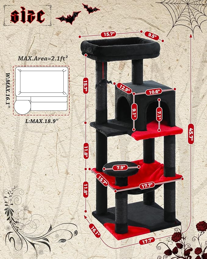 Gothic Cat Tree with Super Large Hammock, 45.7" Black Cat Tower with Coffin Bed, Cat Condo, Sisal Scratching Posts & Top Perch, Multi-Level Goth Cat Tree, Halloween, Black-PawvioPets