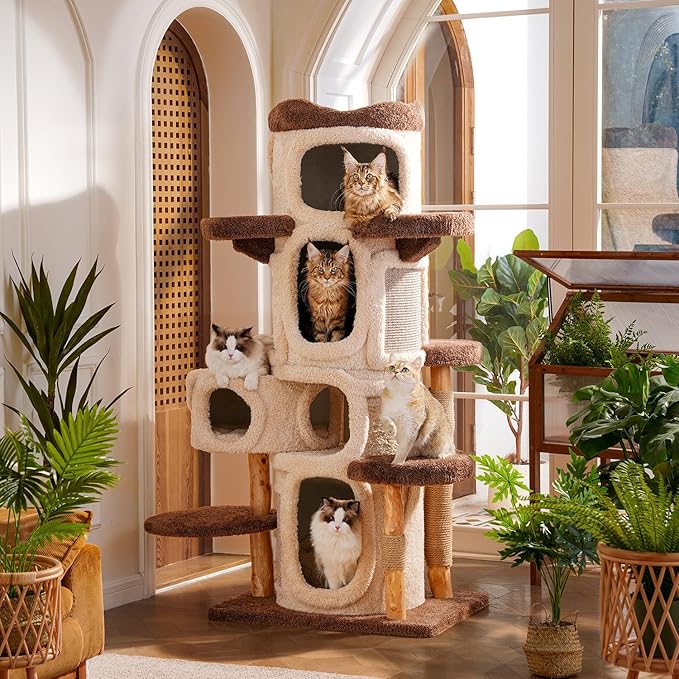 70" Heavy Duty Cat Tree for Large Cats with Toys, All-in-One Cat Tower with Cat Perch, Tall Cat Tower with Scratching Post, Brown Modern Cat House-PawvioPets