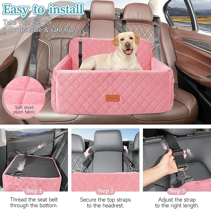 Dog Car Seat for Medium/Large Dogs, Pet Booster Seat for Under 55 lbs or 2 Small Dogs, Detachable & Washable Dog Car Bed for Backseat with 2 Safety Leashes (Pink)-PawvioPets