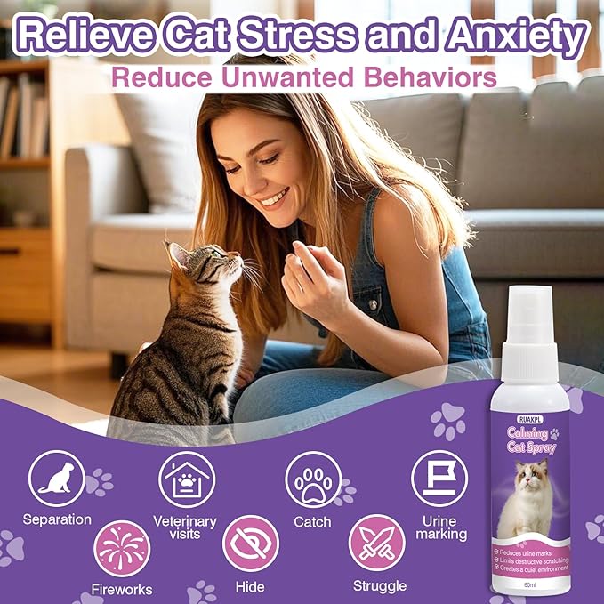 Cat Calming Spray 60 ML 2 Pack Calming Solution for Cats Cat Pheromone Spray Reduces Stress Anxiety Scratching Calming Spray for Cats Good for Home Travel Cat Pheromones Calming Spray-PawvioPets