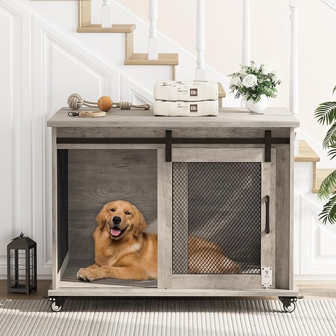 Dog Crate Furniture,37 Inch Indoor Dog Cage with Sliding Barn Door, Flip Top Dog Kennel End Table with Removable Divider, Farmhouse Wooden Pet House for Small to Middle Size Dogs-PawvioPets