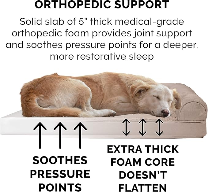 Furhaven Orthopedic Dog Bed for Large Dogs w/ Removable Bolsters & Washable Cover, For Dogs Up to 125 lbs - Plush & Suede Sofa - Almondine, Jumbo Plus/XXL-PawvioPets