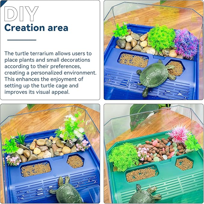 Aquatic Turtle Tank Habitat Kit Stone+Filter+Heat Lamp Enhancing Interaction with 360° Viewing, Standalone Filtration, DIY Creative Zone, Enriched Living (Green, X-Large[with Light])-PawvioPets