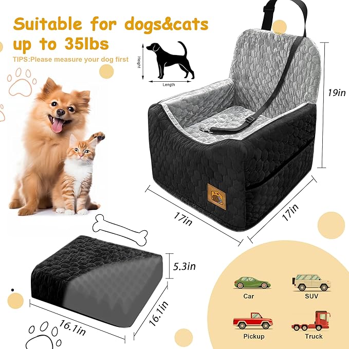 Dog Car Seat for Small/Medium Dogs, Memory Foam Dog Booster Seat, Travel Safety Per Car Seat with Washable Removable Cover, Storage Pockets, up to 35 lbs(BlackGray)-PawvioPets