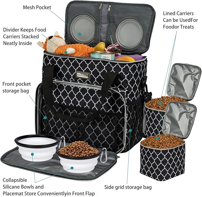 BAGLHER Dog Travel Bag, Pet Travel Bag (ALL Pet Travel Supplies), With 2 Pet Food Containers and 2 Collapsible Silicone Bowls; Essential Kits for Pet Travel DLblack-PawvioPets