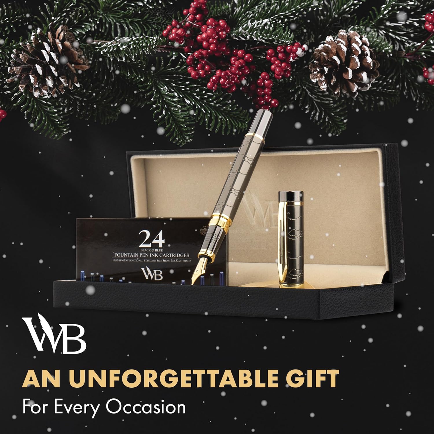 Wordsworth & Black Primori Fountain Pen Set [Gunmetal Gold]; Extra Fine Nib, Gift Case, 24 Ink Cartridges, Refill Converter, Manual; Journaling, Calligraphy, Smooth Writing Pens; Left and Right Handed