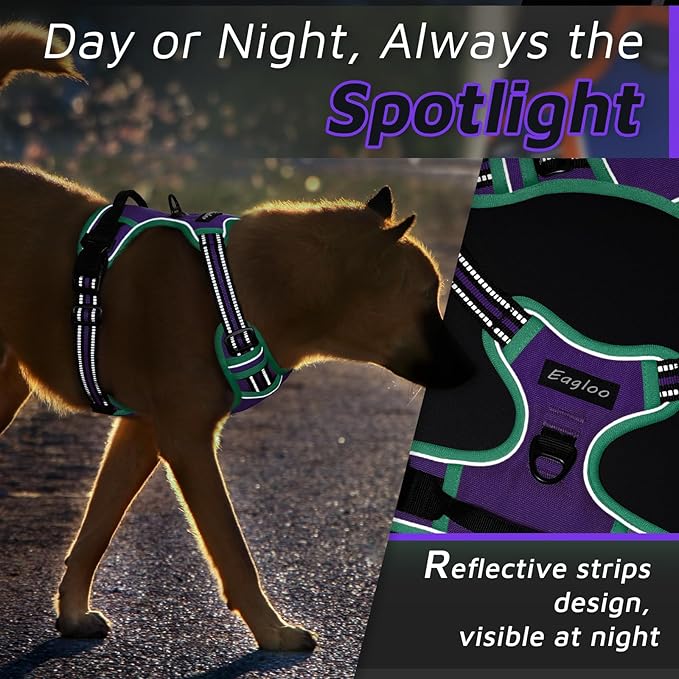 Eagloo Dog Harness for Large Dogs, No Pull Service Vest with Reflective Strips and Control Handle, Adjustable and Comfortable for Walking, No Choke Harness with 2 Metal Rings, Purple & Green, M-PawvioPets