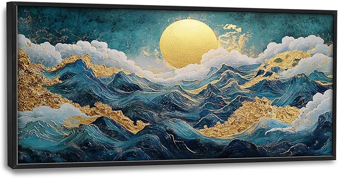 Framed Large Sun Mountain Wall Art, Oversized Teal and Golden Sun Wall Decor for Living Room, Abstract Landscape Canvas Painting Modern Artwork Home Decoration for Living Room Bedroom 60"x30"-PawvioPets
