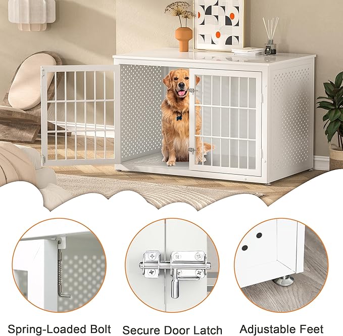 48" Heavy Duty Dog Crate Furniture for Large Dogs, Metal Cage for High Anxiety Dogs, Wooden Kennel Furniture Indoor, Decorative Dog Kennel End Table, XL,White-PawvioPets