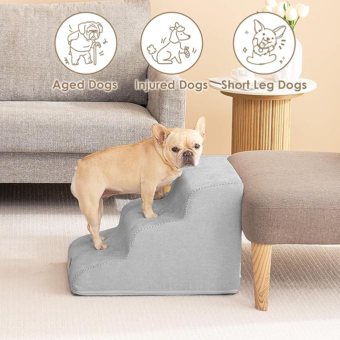EHEYCIGA Curved Dog Stairs Ramp for Small Dogs 15.7" H, 3-Step Dog Steps for Couch Sofa and Chair, Pet Stairs for Cats, Non-Slip Balanced Pet Steps Indoor, Light Grey-PawvioPets