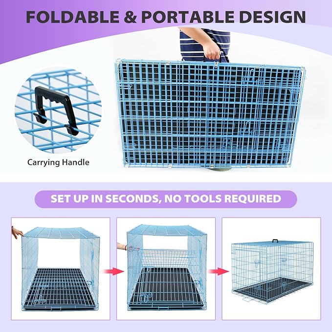 BestPet | Dog Crate | 30" | Blue | Foldable Metal Kennel with Double Doors, Secure Slide-Bolt Latches, Leakproof Tray | Portable Dog Cage for Small Breeds | for Travel, Indoor & Outdoor Use-PawvioPets