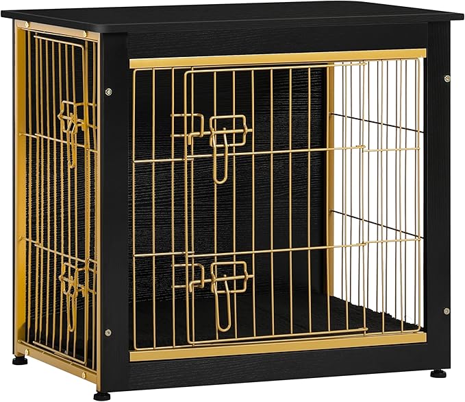 DWANTON Dog Crate Furniture with Cushion, Wooden Kennel Table with Double Doors, Indoor Dog House, Small/Medium/Large Size, 27.2" L, Black+Gold-PawvioPets
