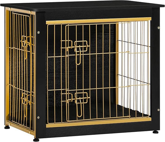 DWANTON Dog Crate Furniture with Cushion, Wooden Kennel Table with Double Doors, Indoor Dog House, Small/Medium/Large Size, 27.2" L, Black+Gold-PawvioPets