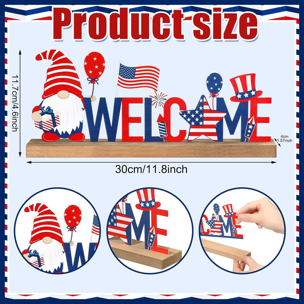 Patriotic/ 4th of July Metal Sign Rustic Table Decor Holiday Tiered Tray Decor with Wooden Base Freestanding Metal Word Sign for Home Tabletop Centerpiece Mantel Shelf Fireplace