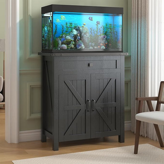20 Gallon Aquarium Stand With Charging Station, Farmhouse Fish Tank Stand, Reptile Tank Stand Terrarium Stand with Drawer and Cabinet Storage, Sturdy Heavy Duty 27.6"×15.7" Tabletop - Black-PawvioPets