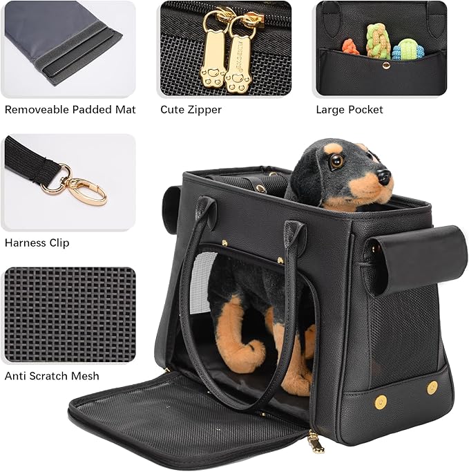 Fashion Pet Carrier Purse for Small Cat and Dog, Luxury Pu Soft-Sided Tote Bag with Large Pockets for Dogs and Puppies (Black, 15.8" L x 7.5" W x 11.8" H)-PawvioPets