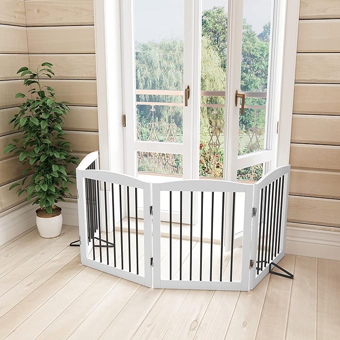 Freestanding Pet Gate for Dogs, Foldable Wooden Dog Gate for House, Indoor Dog Gate for Stair, Doorway, Gates for Dogs Indoor, 80 Inch Wide, 4 Panels 24",White-PawvioPets