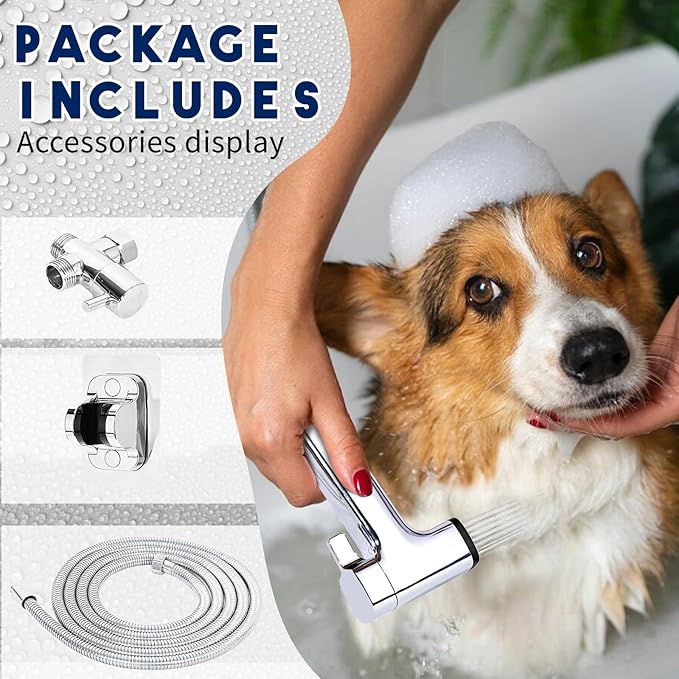 Dog Shower Attachment for Pet Bath,Dog Washing Hose Attachment,Dog Wash Sprayer Kit Includes 2-mode Dog Shower Handheld,118 Inches Stainless Steel Hose,G1/2" Metal Shower Diverter (Sprayer Kit)-PawvioPets
