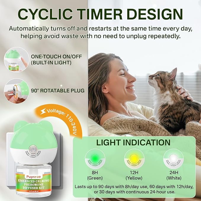 Cat Calming Diffuser with Three Timing Functions, 3-in-1 Cat Pheromones Calming Diffuser Kit, 60-Day Anxiety Relief, Stress Reduction & Relaxation for All Cats (1 Diffuser + 2 Refills)-PawvioPets