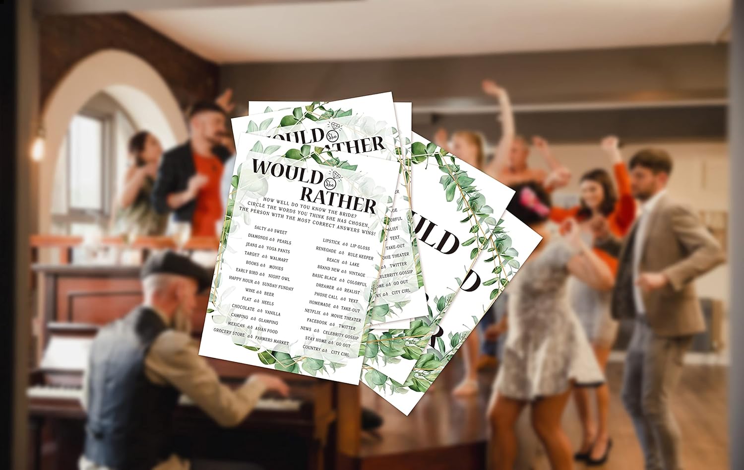 Bridal Shower Game Cards, Would She Rather Game, Tropical Jungle Theme Engagement Party Cards For Wedding, Set of 30 Cards(Leaf003)