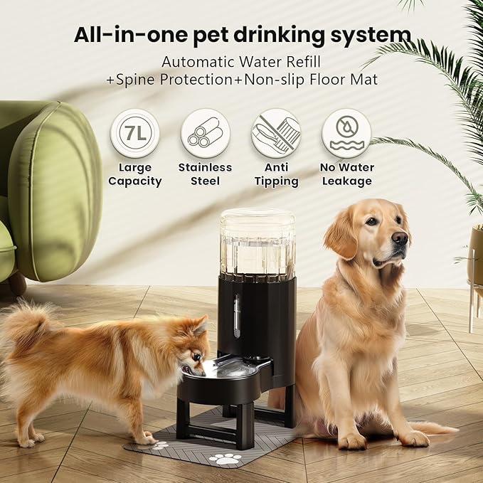 CZPET Elevated Dog Water Bowl Dispenser with Mat for Large Dogs,Tall Raised Pet Waterer Stand,Relieve Neck Pressure,Large Capacity and Drinking Area Noise-Free for Pets (7L+Stand+Mat)-PawvioPets
