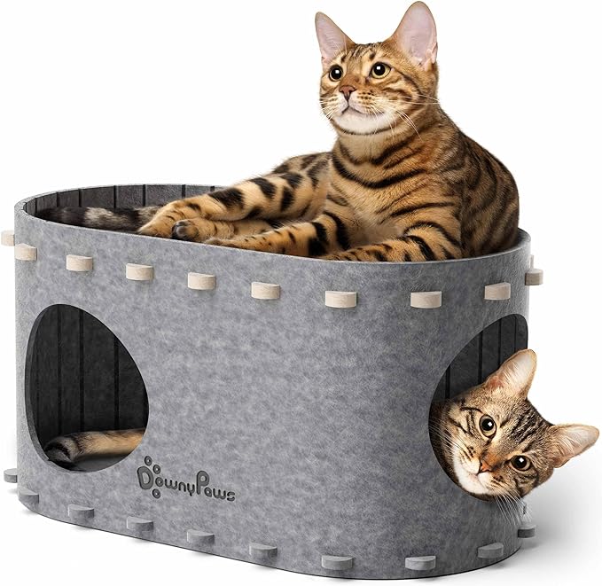 DownyPaws Cat House for Indoor Cats, Cat Bed Cave for Multiple & Large Cats Up to 22 Lbs, Scratch Resistant, Foldable Peekaboo Kitten Caves Tunnel Enclosed Bed, PeekaPurr, Light Gray-PawvioPets