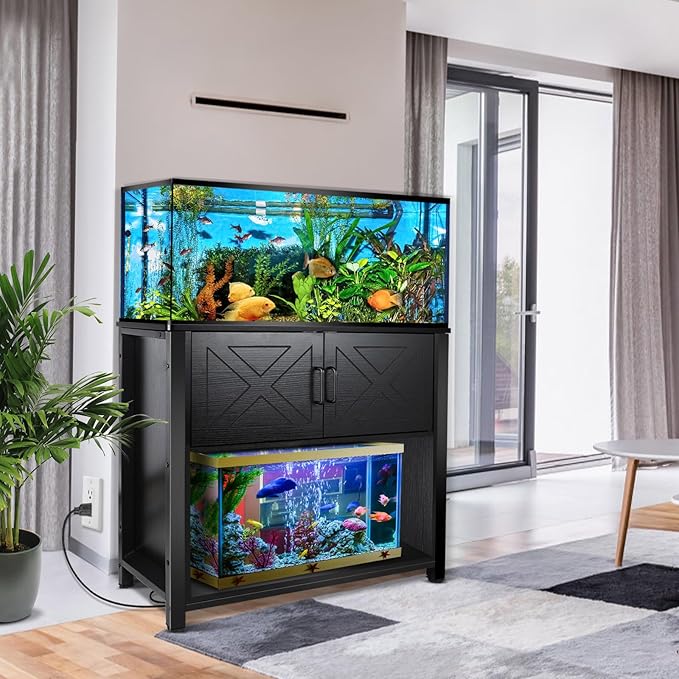 40 Gallon Tank Stand with Cabinet and Power Outlets, Heavy Duty Metal Aquarium Stand for 40-50 Gallon Breeder Tank, Turtle Tank, Double Terrarium Stand, 660LBS Capacity, Black-PawvioPets