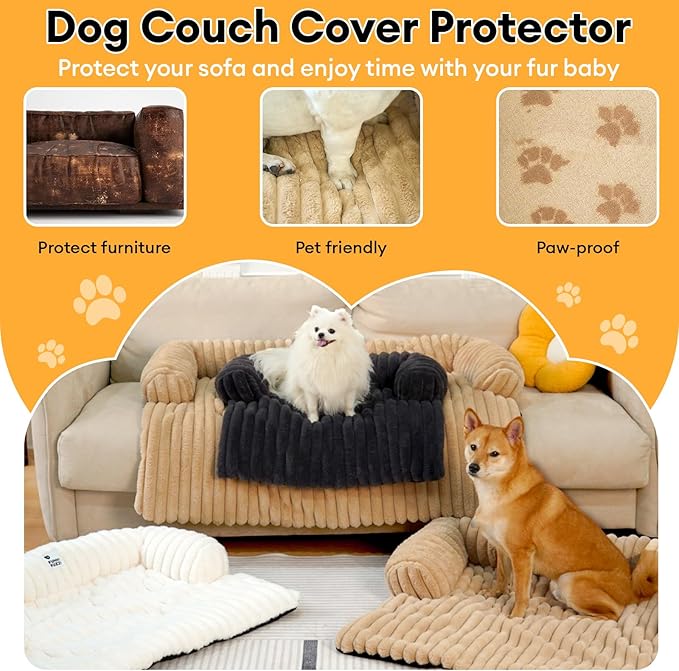FUNNY FUZZY Pet Couch Cover for Sofa, Calming Dog Bed for Couch, Fluffy Plush Dog Couch Mat for Furniture Protector for Large Medium Small Dogs and Cats, Cream White-PawvioPets
