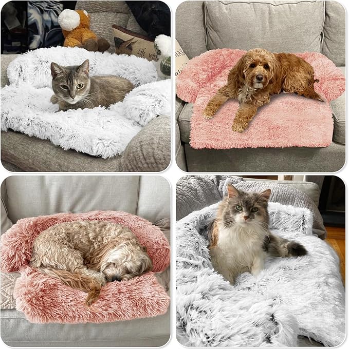 GGIB Calming Dog Bed Fluffy Plush Dog Mat for Furniture Protector with Removable Washable Cover for Large Medium Small Dogs and Cats (XS (31"x23.5"x5"), Pink)-PawvioPets