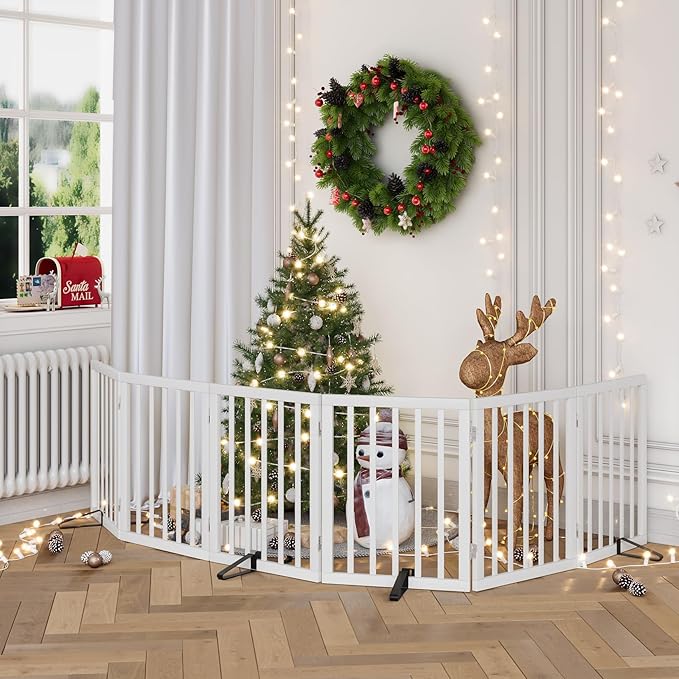 Dog Gates for Doorways Extra Wide 110inches (9ft), Wooden Freestanding Pet Gates for Dogs with 4 Support Stands, Foldable Gates for Dogs Indoor-PawvioPets