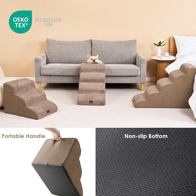 EHEYCIGA Curved Dog Stairs Ramp for High Beds 19.7" H, 4-Step Dog Steps for Small Dogs and Cats, Pet Stairs for High Bed Climbing, Non-Slip Balanced Pet Step Indoor, Camel-PawvioPets