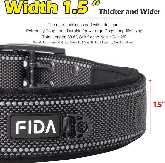 Fida Heavy Duty Dog Collar 1.5” Width, Ultra Soft Neoprene Padded, Adjustable Reflective Nylon Pet Collar with Two Metal Pin Belt Buckle for Large/X-Large Breeds (XL, Black)-PawvioPets