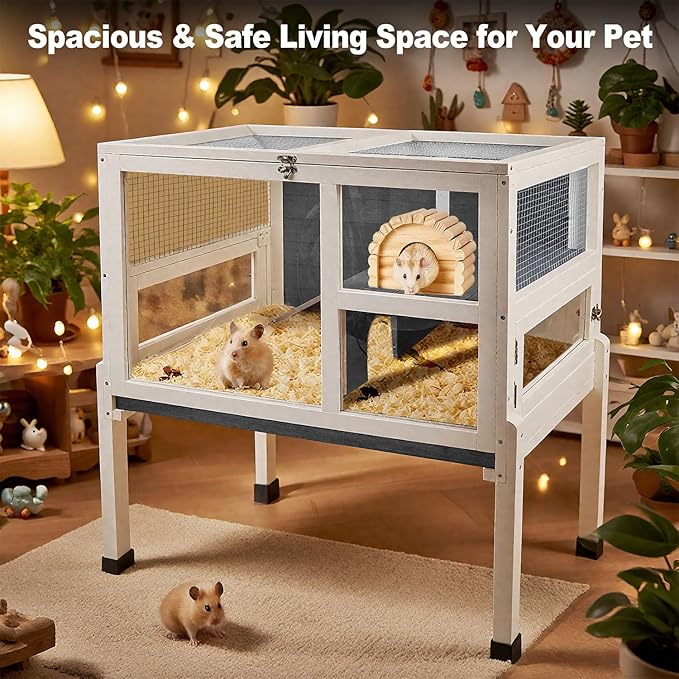 2-Story Guinea Pig Cage with Stand, Indoor Wooden Hamster Cage with Ramp, Pull-Out Tray, Hideout & Platform, Acrylic Transparent Small Animal Habitat for Chinchillas, Ferrets, Hedgehogs,Grey-PawvioPets