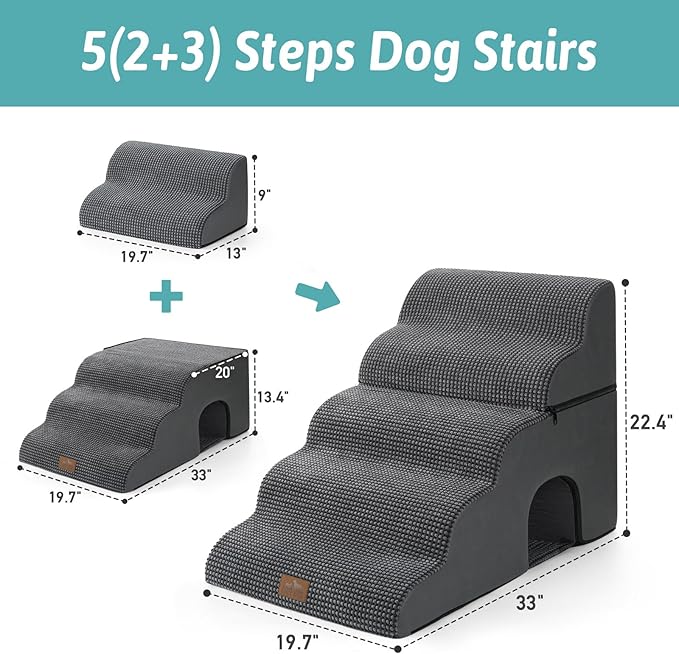 Extra Wide Dog Stairs with Tunnel, Detachable Large Pet Step for Small Medium Dog, Puppy or Cat, Ramp for High Bed, Couch, Sofa or Car, Stable, 19.7x33x22.4 inch, 5 Step, Dark Grey-PawvioPets
