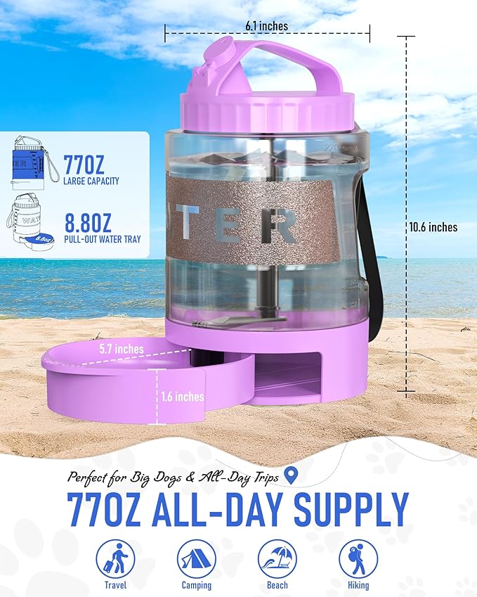 77oz Dog Travel Water Bottle, Large Portable Dog Water Bowl Dispenser, Leakproof Pet Drinking Bottle Dispenser for Hiking Camping Walking Travelling Beach Car Trips, No Spill, BPA Free,Purple-PawvioPets