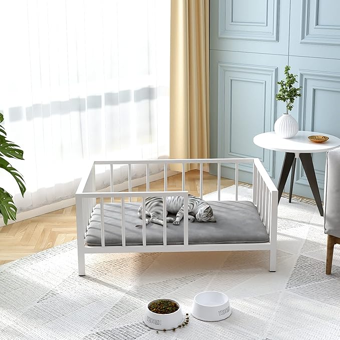 Dog Bed with Rails - Elevated Pet Metal Bed Frame with Solid Wood Board and Washable Soft Mat for Medium Dog Indoor or Outdoor Use, 25.2" x 37.8", White-PawvioPets
